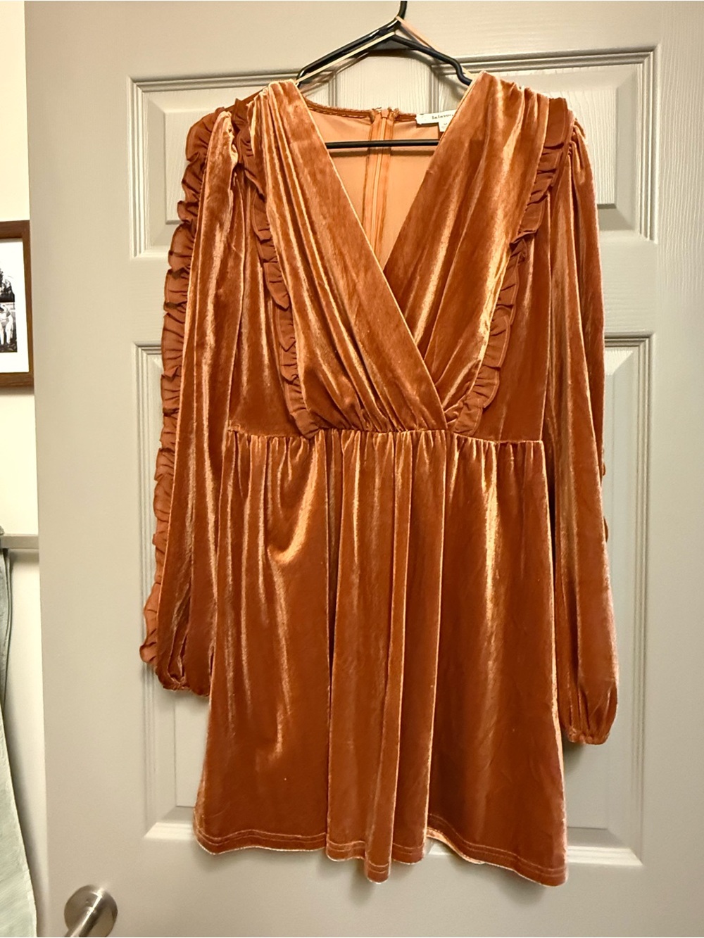 Rust Velvet Ruffle V-Neck Mini Dress